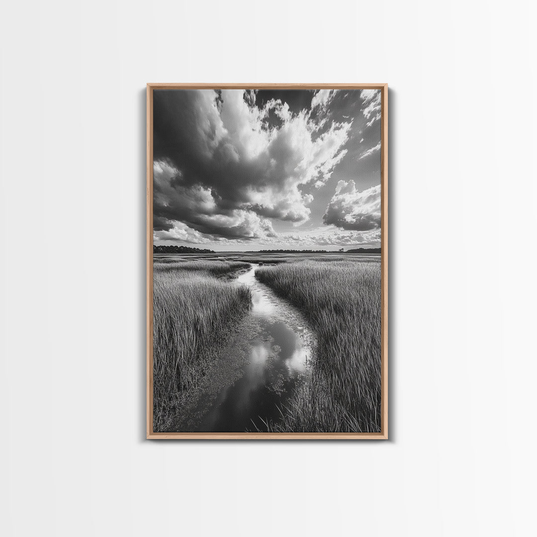 Marshland Stream, Dramatic Clouds, Nature Reflection, Canvas Print, Minimalist Landscape, Bathroom Art, Earthy Tones, Zen Mood