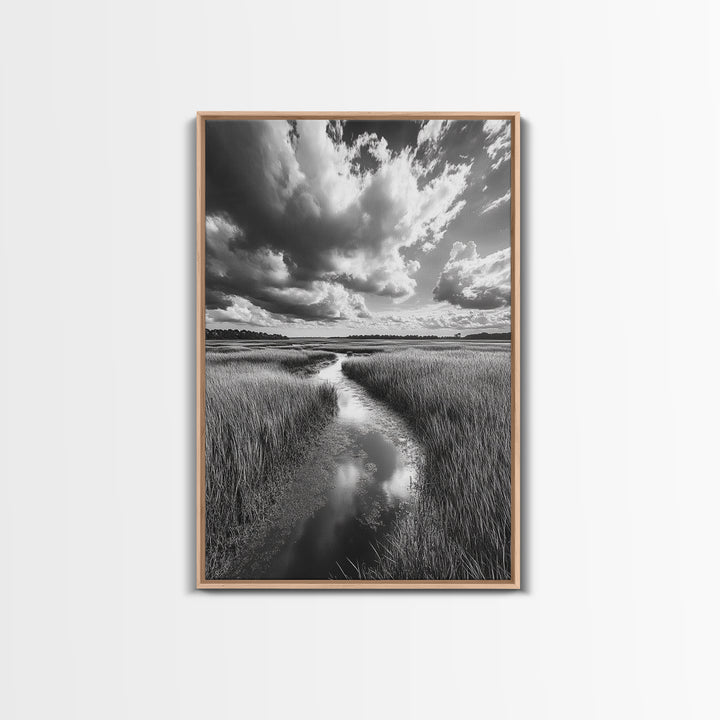 Marshland Stream, Dramatic Clouds, Nature Reflection, Canvas Print, Minimalist Landscape, Bathroom Art, Earthy Tones, Zen Mood