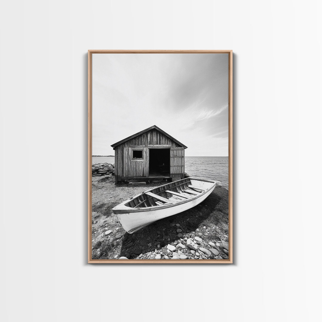 Shore Cabin, Rowboat Rest, Coastal Cabin, Serene Shoreline, Canvas Print, Lake House Wall Art, Rustic Decor, Living Room Seaside Art