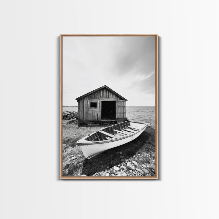 Shore Cabin, Rowboat Rest, Coastal Cabin, Serene Shoreline, Canvas Print, Lake House Wall Art, Rustic Decor, Living Room Seaside Art