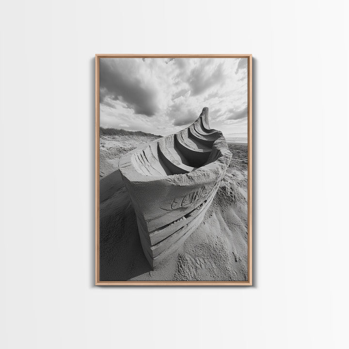 Sand Boat, Beach Sculpture, Dramatic Clouds, Textured Art, Framed Canvas Print, nautical wall art, coastal boho decor, modern beach print