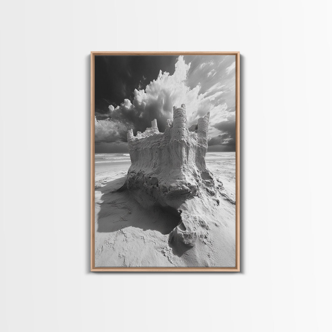 Sand Castle, Beach Fantasy, Dramatic Sky, Coastal Fortress, Framed Canvas Print, whimsical decor, kids room wall art, fairytale beach scene