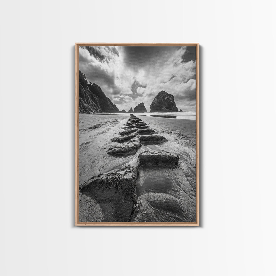 Ocean Rocks, Beach Landscape, Cloudy Sky, Rugged Coast, Canvas Print, coastal adventure wall art, living room decor, nature lover gift