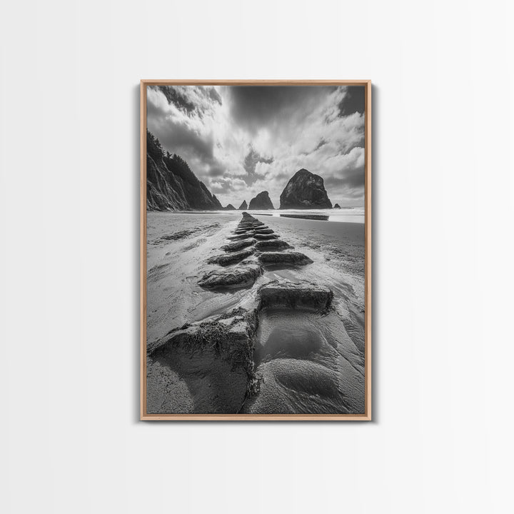 Ocean Rocks, Beach Landscape, Cloudy Sky, Rugged Coast, Canvas Print, coastal adventure wall art, living room decor, nature lover gift