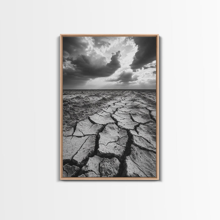 Cracked Earth, Drought Desert, Apocalyptic Sky, Dry Landscape, Canvas Print, minimalist wall decor, modern earth tones, office statement piece