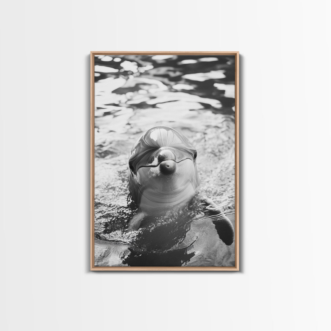 Dolphin Smile, Ocean Friend, Water Reflections, Gentle Waves, Framed Canvas Print, Kids Bathroom Art, Marine Life Decor, Playroom Artwork