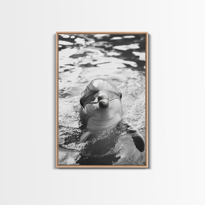 Dolphin Smile, Ocean Friend, Water Reflections, Gentle Waves, Framed Canvas Print, Kids Bathroom Art, Marine Life Decor, Playroom Artwork