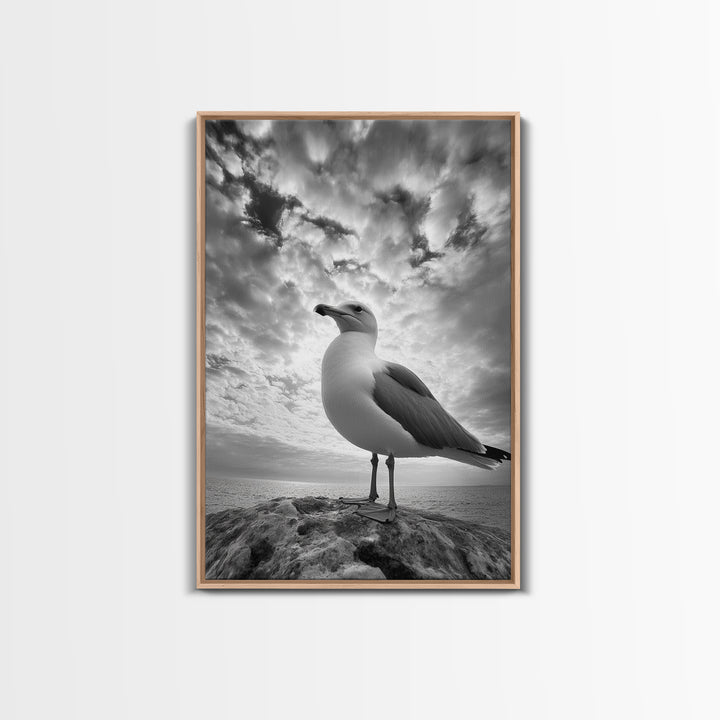 Coastal Seagull, Ocean Breeze, Serene Sky, Seaside Moment Framed Canvas Print, coastal decor, nautical bathroom wall art, nature photography