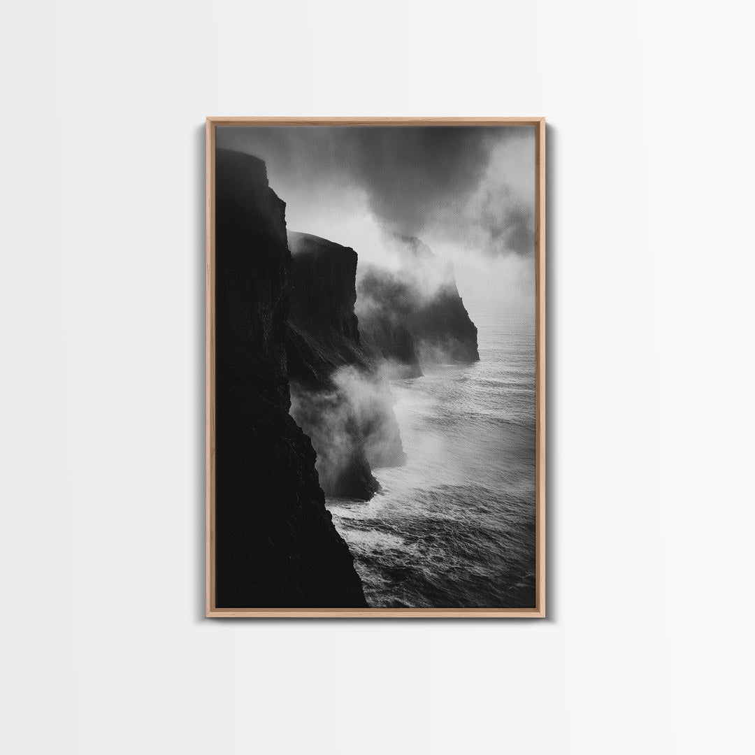 Stormy Cliffs, Ocean Fog, Monochrome Coast, Wild Nature Framed Canvas Print, moody wall art, rustic living room decor, dark aesthetic