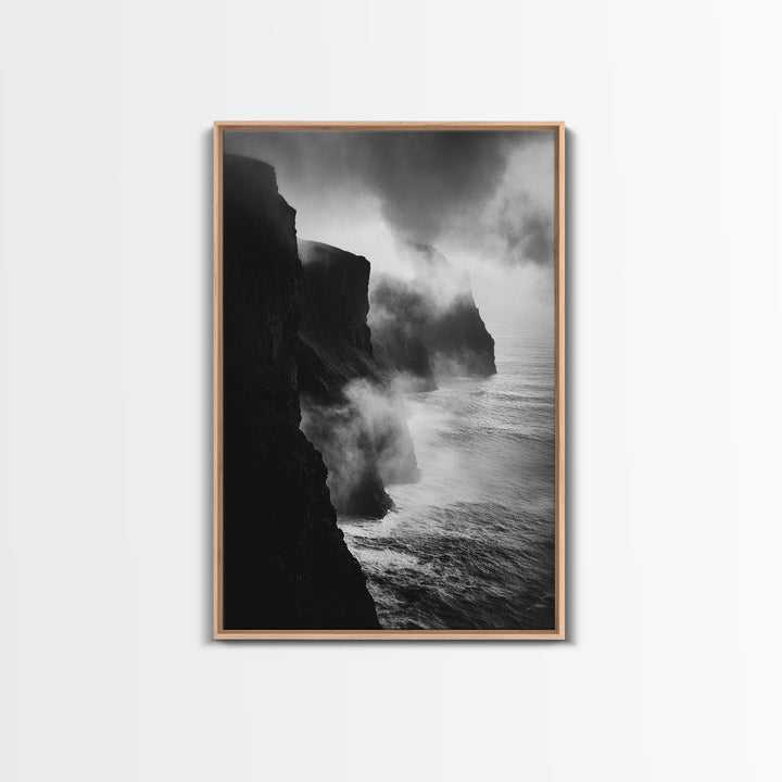 Stormy Cliffs, Ocean Fog, Monochrome Coast, Wild Nature Framed Canvas Print, moody wall art, rustic living room decor, dark aesthetic