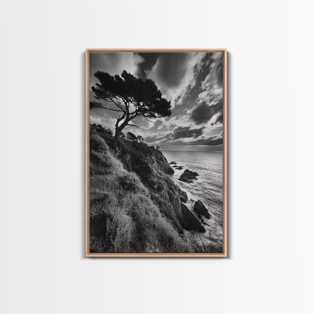 Coastal Pines, Rocky Shore, Windswept Tree, Wild Ocean Framed Canvas Print, rustic cabin art, black and white beach wall decor