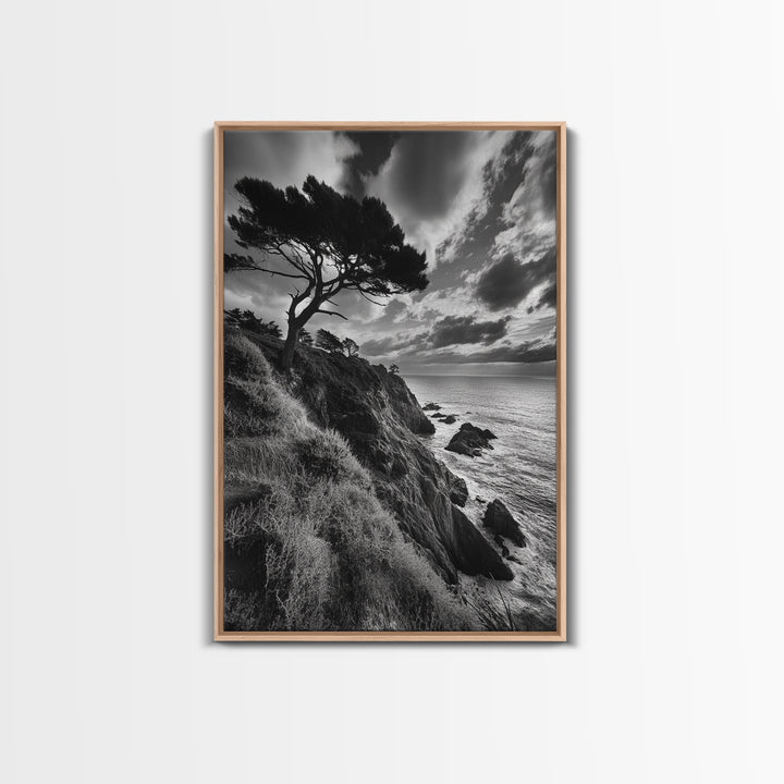 Coastal Pines, Rocky Shore, Windswept Tree, Wild Ocean Framed Canvas Print, rustic cabin art, black and white beach wall decor