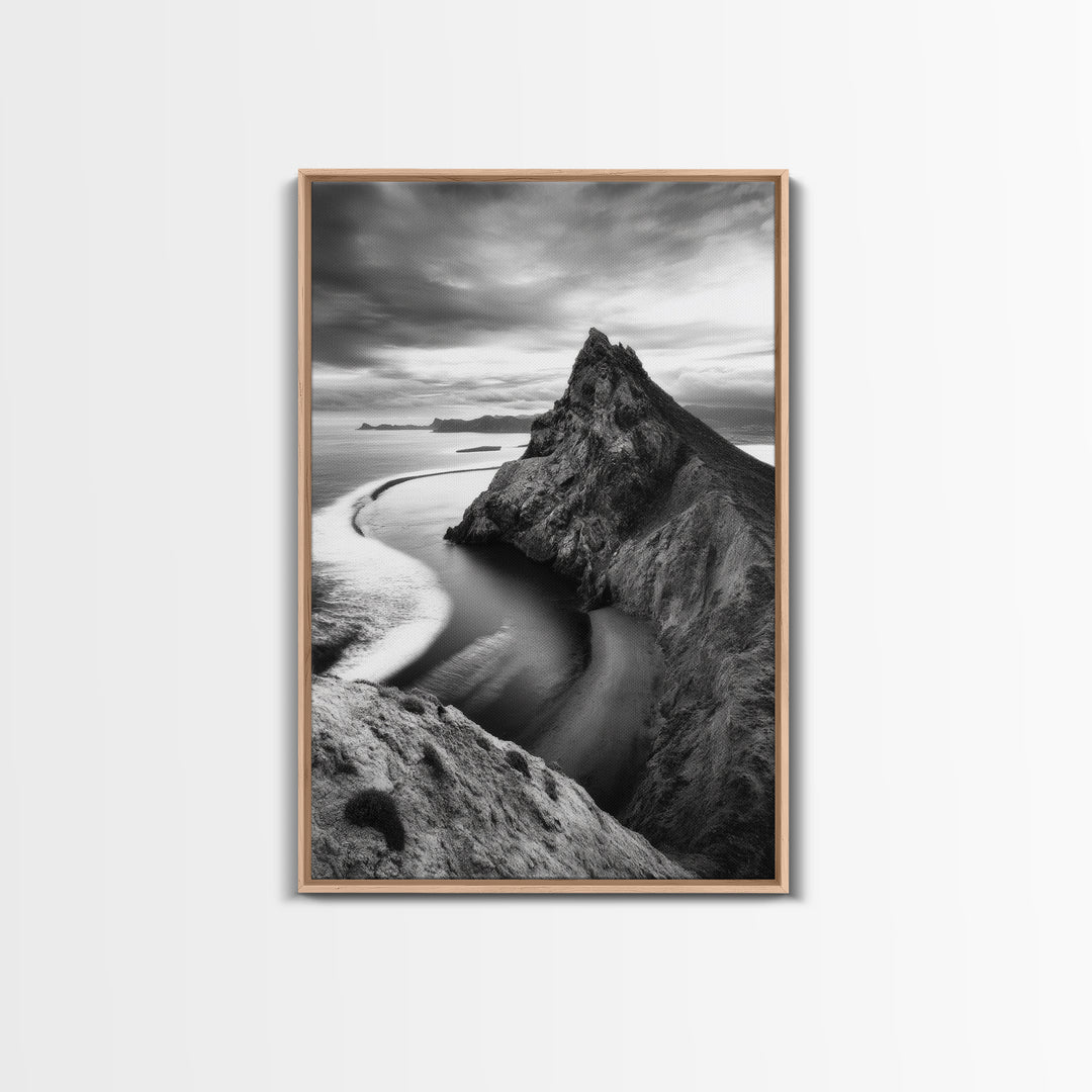 Mountain Peak, Coastal Horizon, Nature Majesty, Serene Edge Framed Canvas Print, modern landscape art, minimalist bedroom decor