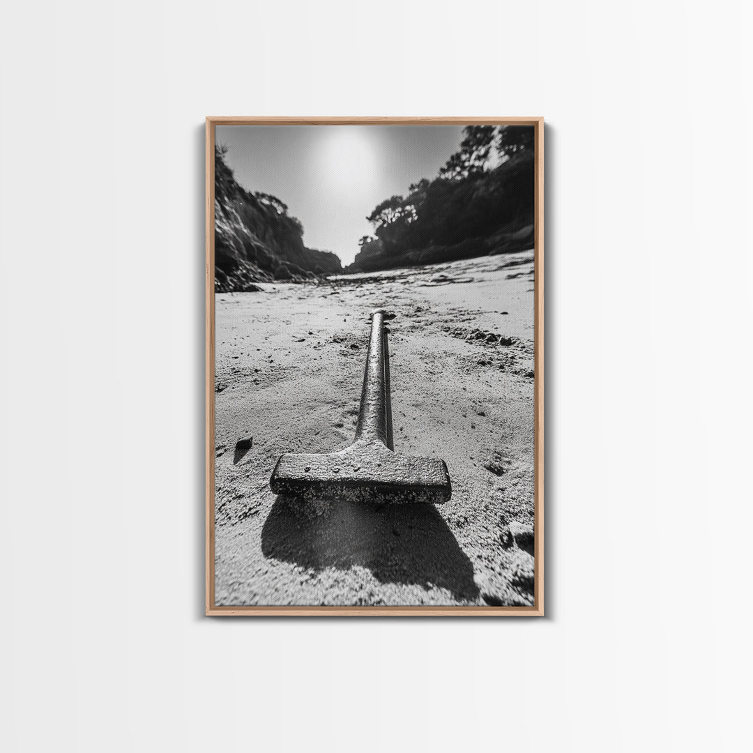 Industrial beach relic, iron hammer, rustic textures, minimalist black and white, Canvas Print, man cave art, coastal masculine decor