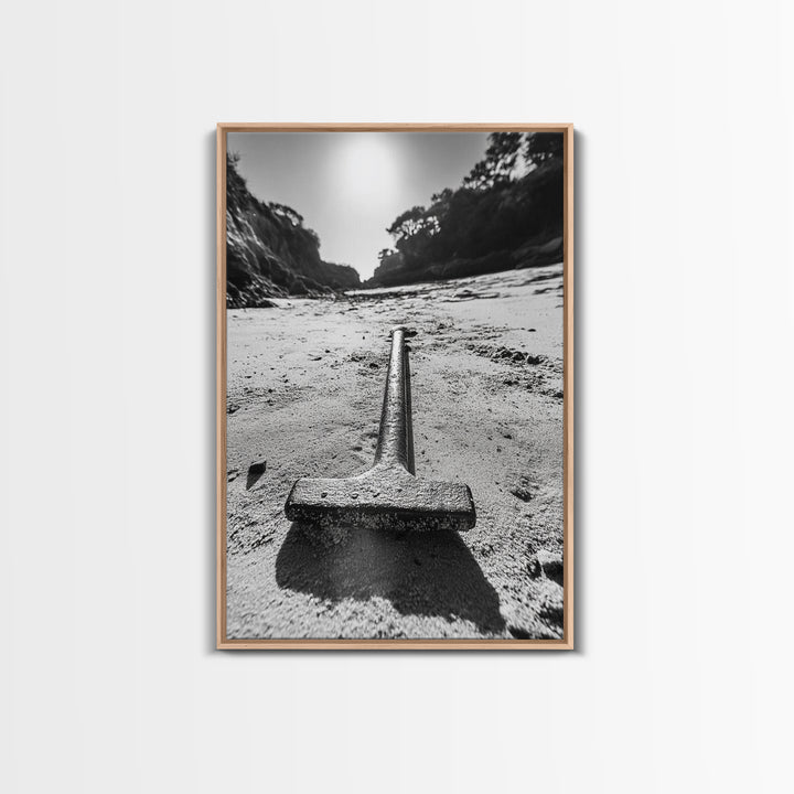 Industrial beach relic, iron hammer, rustic textures, minimalist black and white, Canvas Print, man cave art, coastal masculine decor
