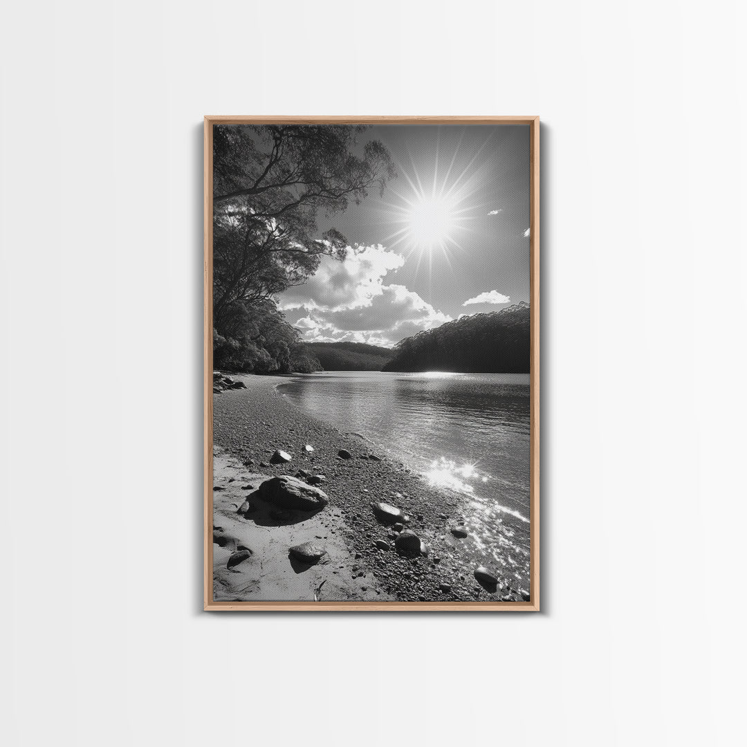 Ocean Shoreline, Serene Landscape, Coastal Photography, Canvas Print, Modern Nature Decor, Living Room Wall Art, Black and White Art