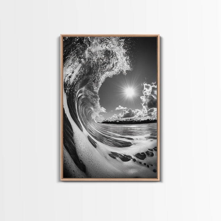 Wave Photography, Surfer Dream, Sea Curl Motion, Framed Canvas Print, Coastal Wall Art, Beach House Decor, Monochrome Ocean Style