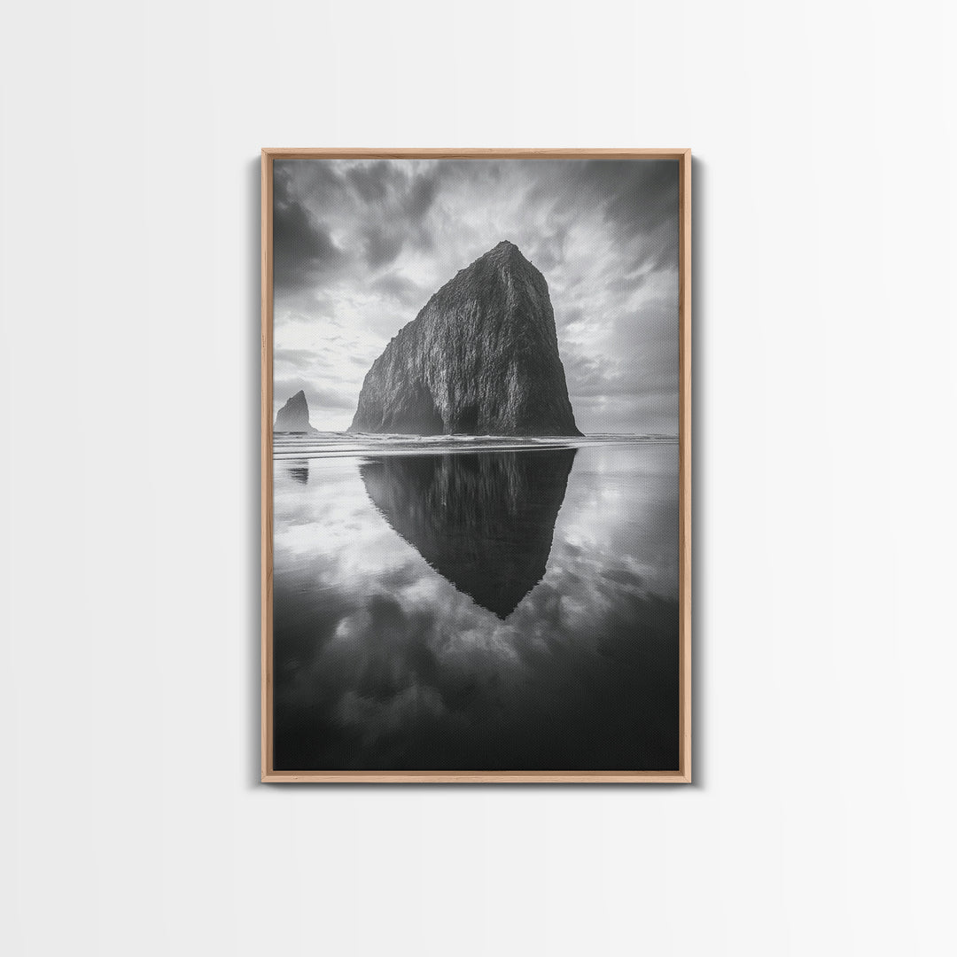 Coastal Rock, Haystack Reflection, Tranquil Beach Scene, Framed Canvas Print, Minimalist Art, Bathroom or Entryway Wall Art