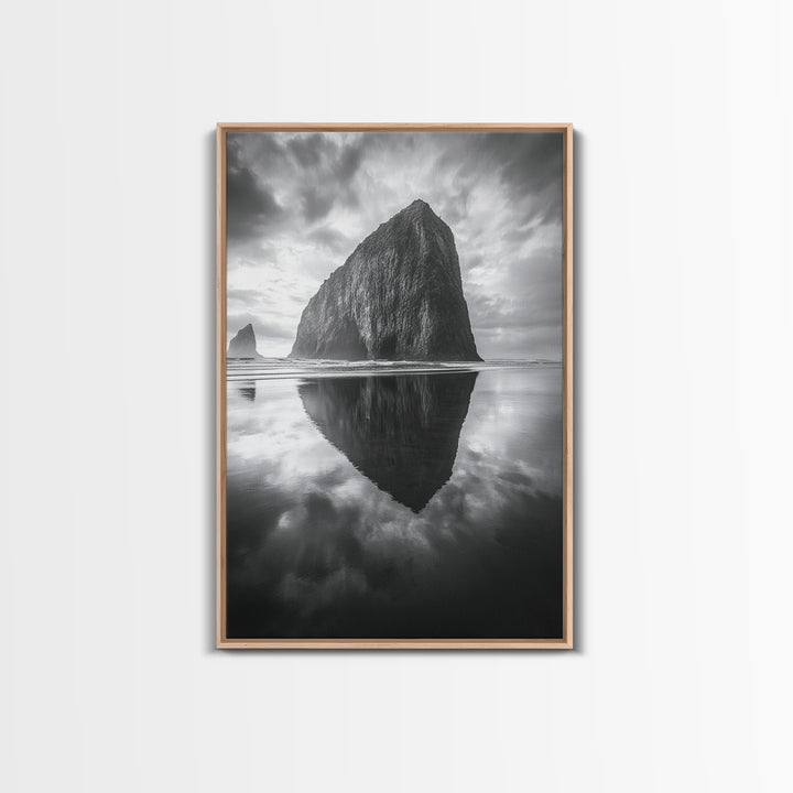Coastal Rock, Haystack Reflection, Tranquil Beach Scene, Framed Canvas Print, Minimalist Art, Bathroom or Entryway Wall Art