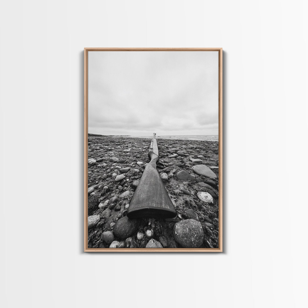Rifle on Pebbles, Rustic Coastal, Survivalist Aesthetic, Canvas Print, Cabin Wall Art, Masculine Decor, Nature Minimalist Style
