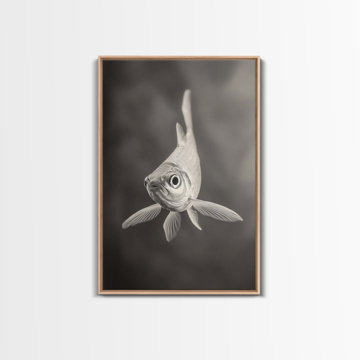 Curious Fish, Underwater Focus, Moody Marine Life, Framed Canvas Print, Bathroom Wall Art, Black and White Ocean Wildlife Decor