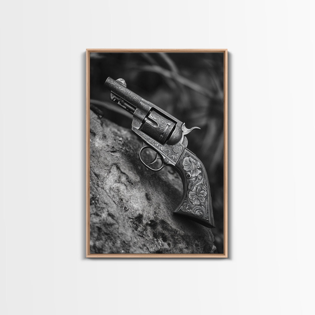 Floral Engraved Revolver, Vintage Western Gun, Cowboy Detail Shot, Canvas Print, Man Cave Art, Rustic Americana Wall Style