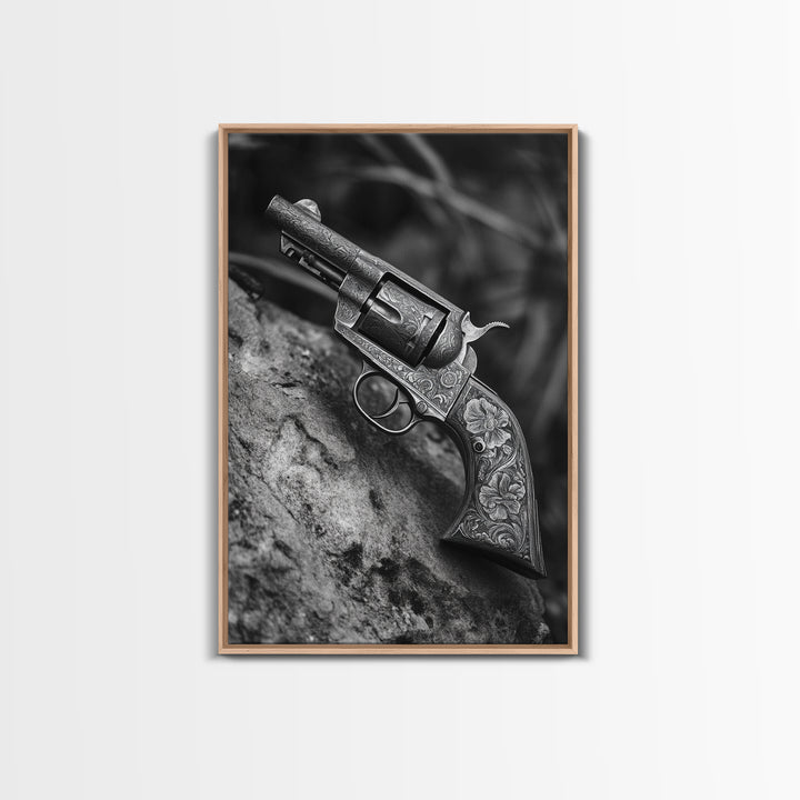 Floral Engraved Revolver, Vintage Western Gun, Cowboy Detail Shot, Canvas Print, Man Cave Art, Rustic Americana Wall Style