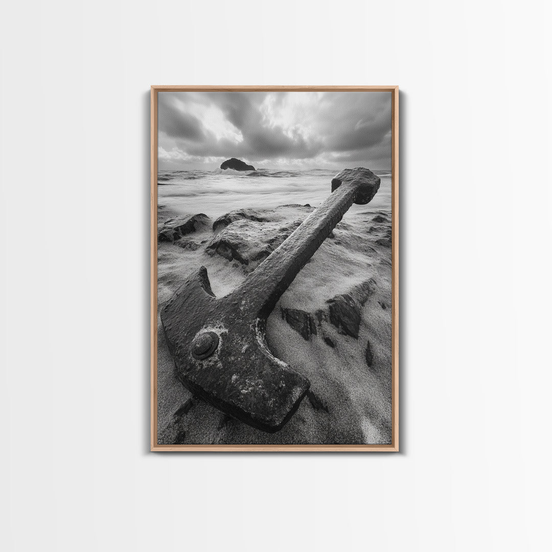 Ocean anchor scene, nautical coastal vibes, shipwreck inspiration, stormy sky, Framed Canvas Print, entryway art, maritime wall decor