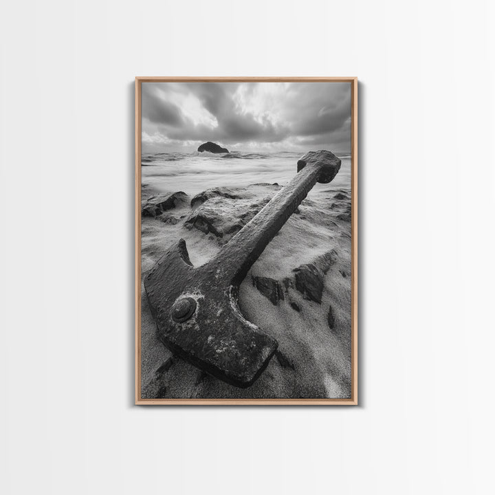 Ocean anchor scene, nautical coastal vibes, shipwreck inspiration, stormy sky, Framed Canvas Print, entryway art, maritime wall decor