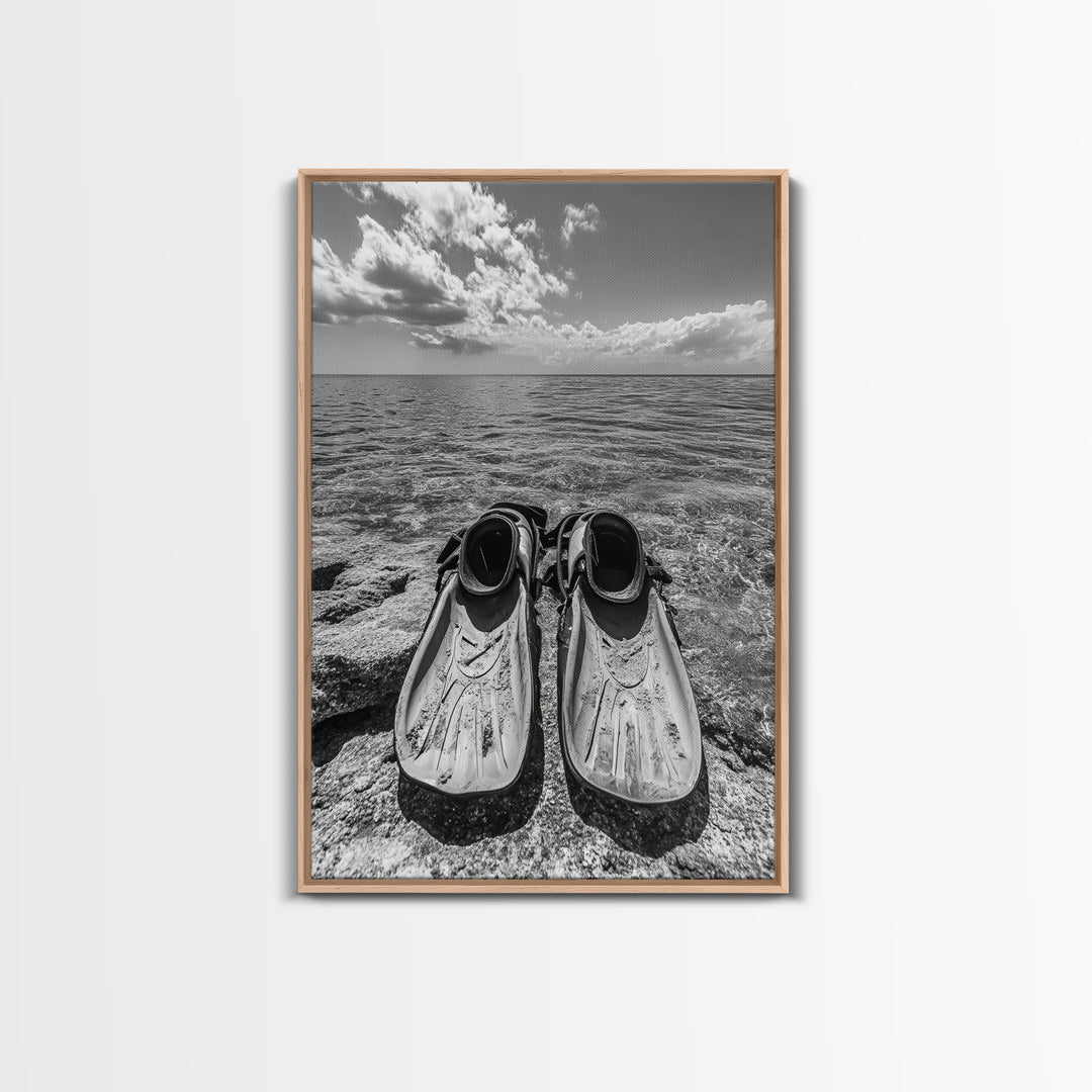 Ocean Fins, Coastal Escape, Underwater Adventure, Canvas Print, Beach Bathroom Wall Art, Nautical Photography, Black and White Decor