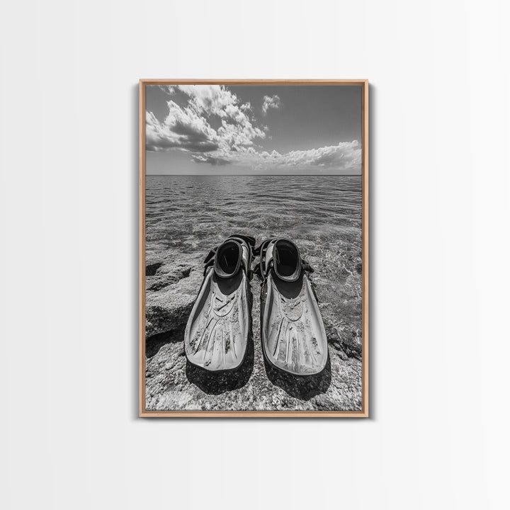 Ocean Fins, Coastal Escape, Underwater Adventure, Canvas Print, Beach Bathroom Wall Art, Nautical Photography, Black and White Decor
