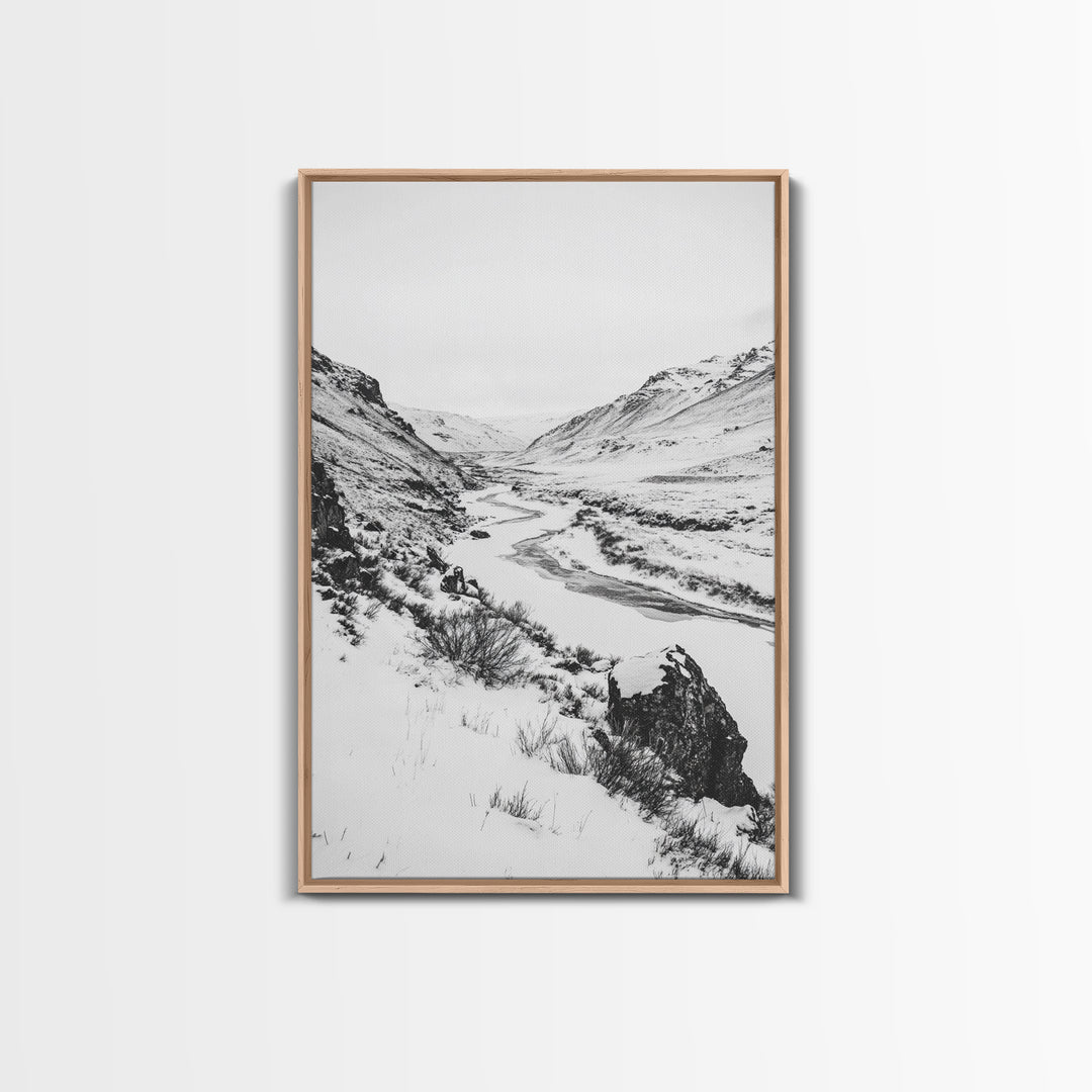 Snowy Canyon, Winter Valley, Frozen Landscape, Framed Canvas Print, Minimalist Wall Art, Neutral Living Room or Office Decor