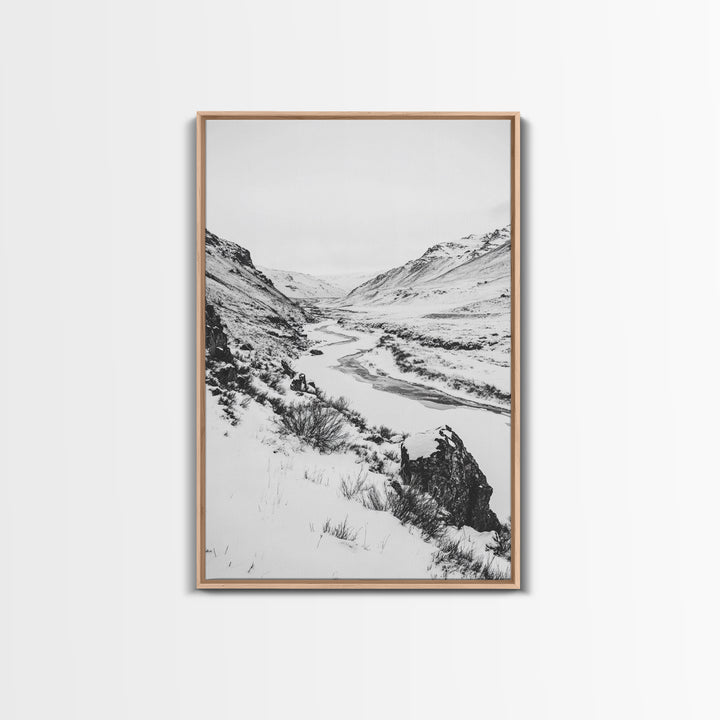 Snowy Canyon, Winter Valley, Frozen Landscape, Framed Canvas Print, Minimalist Wall Art, Neutral Living Room or Office Decor