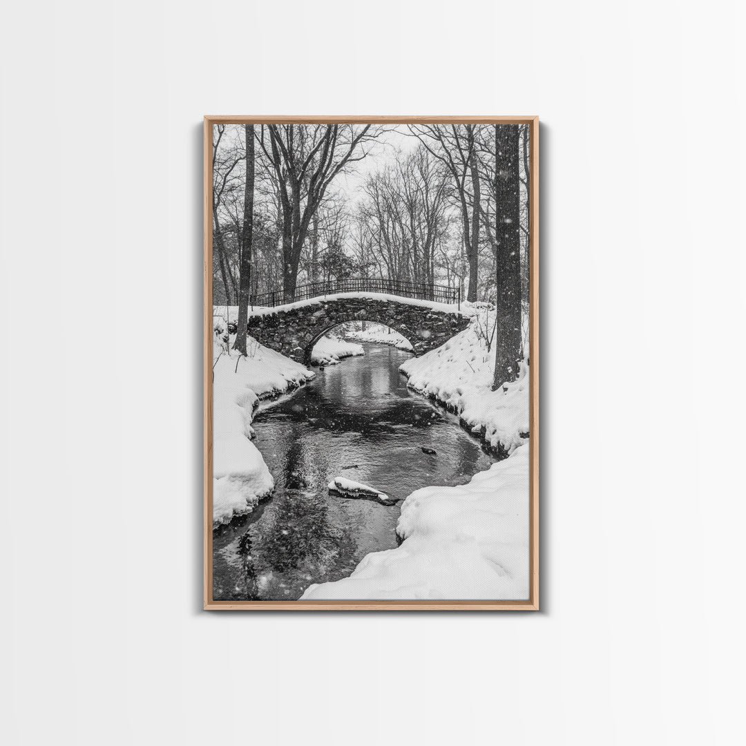 Stone Bridge, Winter Stream, Historic Pathway, Framed Canvas Print, Snowy Landscape Art, Traditional Living Room Wall Decor