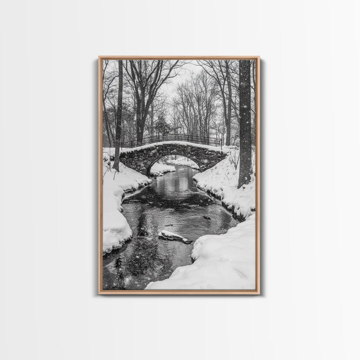 Stone Bridge, Winter Stream, Historic Pathway, Framed Canvas Print, Snowy Landscape Art, Traditional Living Room Wall Decor