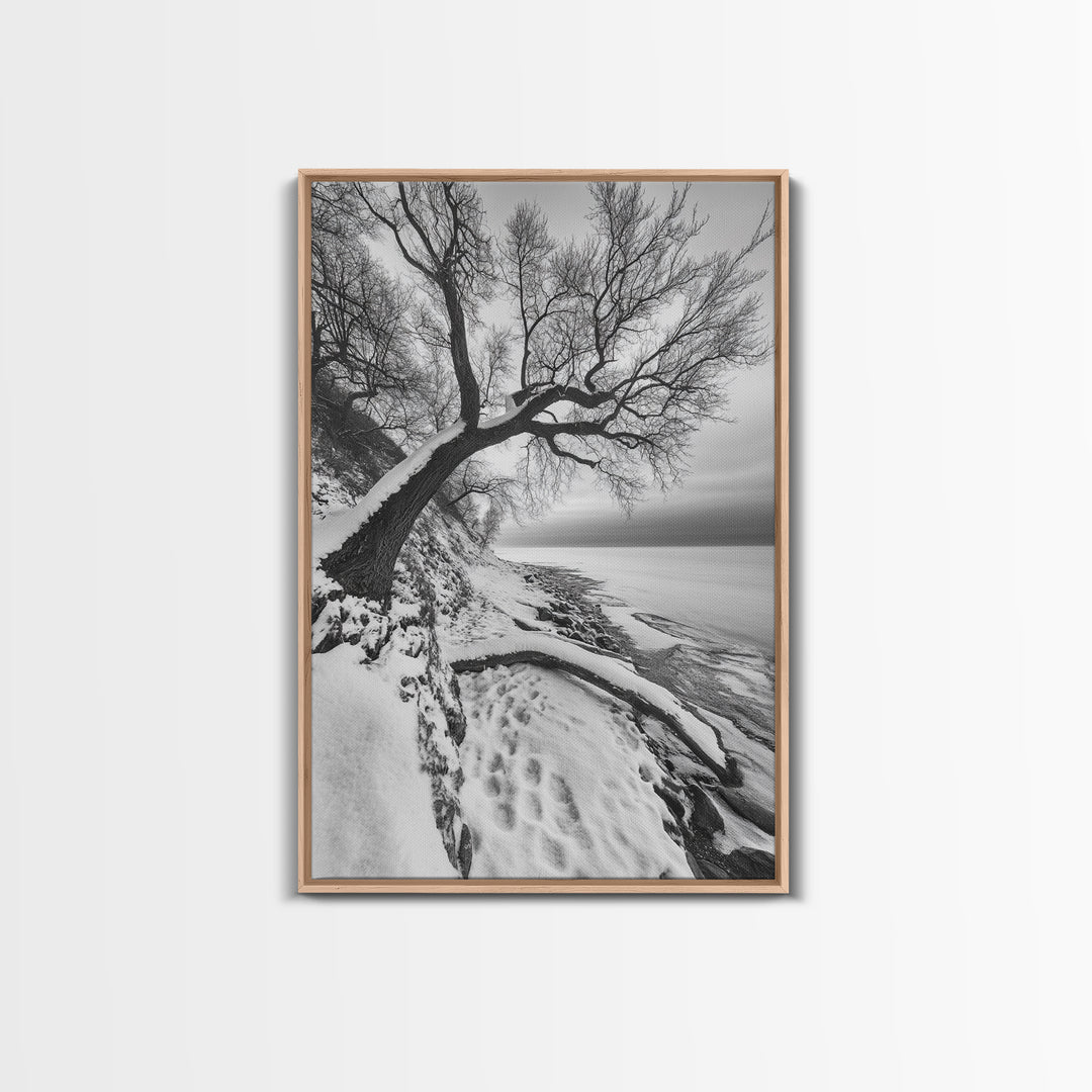Coastal Snow, Barren Tree, Frozen Shoreline, Canvas Print, Serene Winter Decor, Entryway or Hallway Minimalist Wall Art