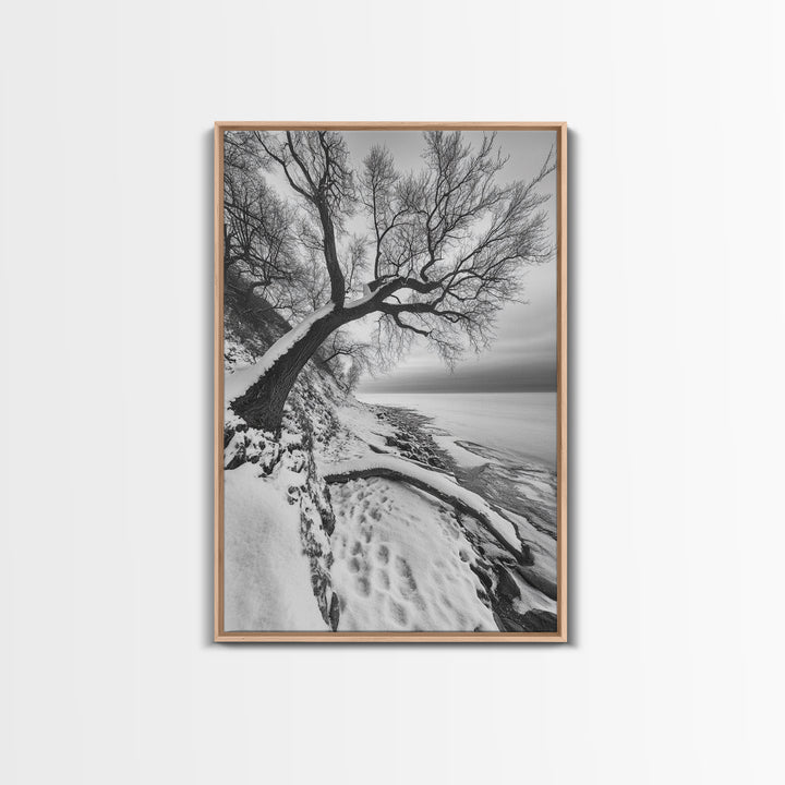 Coastal Snow, Barren Tree, Frozen Shoreline, Canvas Print, Serene Winter Decor, Entryway or Hallway Minimalist Wall Art