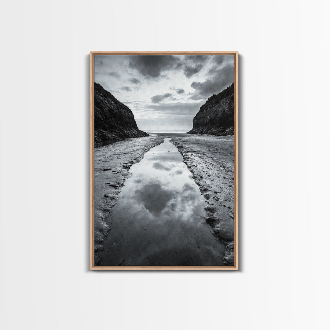 Ocean Reflection, Seaside Path, Moody Coastline, Canvas Print, Black and White Nature Photography, Modern Living Room Wall Art