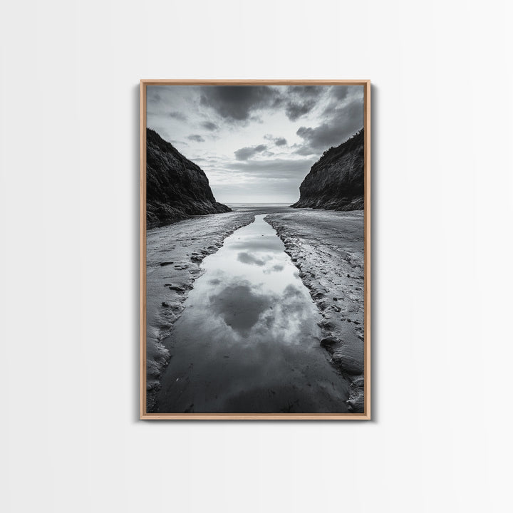 Ocean Reflection, Seaside Path, Moody Coastline, Canvas Print, Black and White Nature Photography, Modern Living Room Wall Art