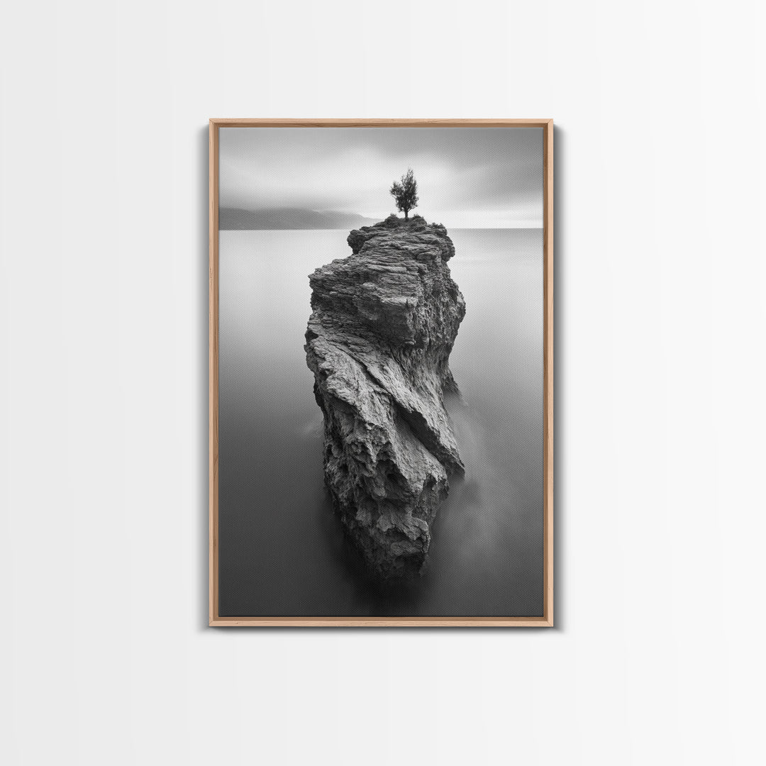 Solitary Cliff Tree, Calm Waters, Moody Horizon, Framed Canvas Print, Minimalist Nature Wall Art, Office Wall Decor, Zen Art