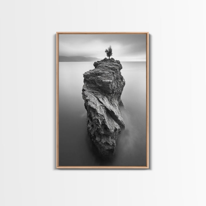 Solitary Cliff Tree, Calm Waters, Moody Horizon, Framed Canvas Print, Minimalist Nature Wall Art, Office Wall Decor, Zen Art