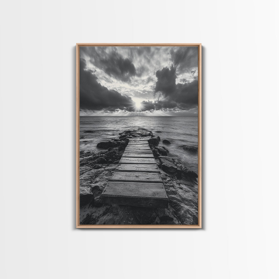 Ocean Pier Sunset, Dramatic Clouds, Seascape Pathway, Canvas Print, Coastal Living Room Art, Tranquil Decor, Minimalist Style
