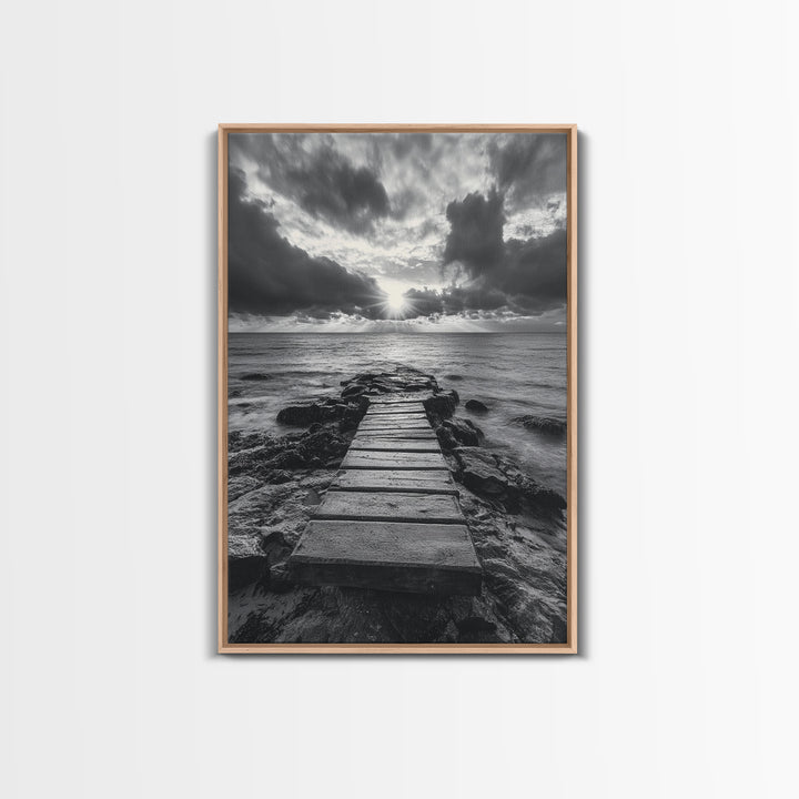 Ocean Pier Sunset, Dramatic Clouds, Seascape Pathway, Canvas Print, Coastal Living Room Art, Tranquil Decor, Minimalist Style