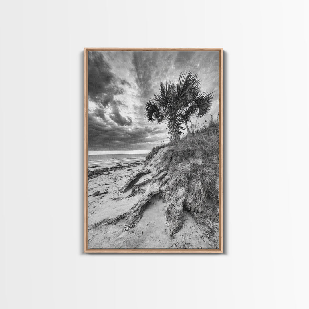 Palm Tree Beach, Coastal Dunes, Dramatic Sky, Framed Canvas Print, Tropical Wall Art, Boho Living Room Decor, Beach House Art