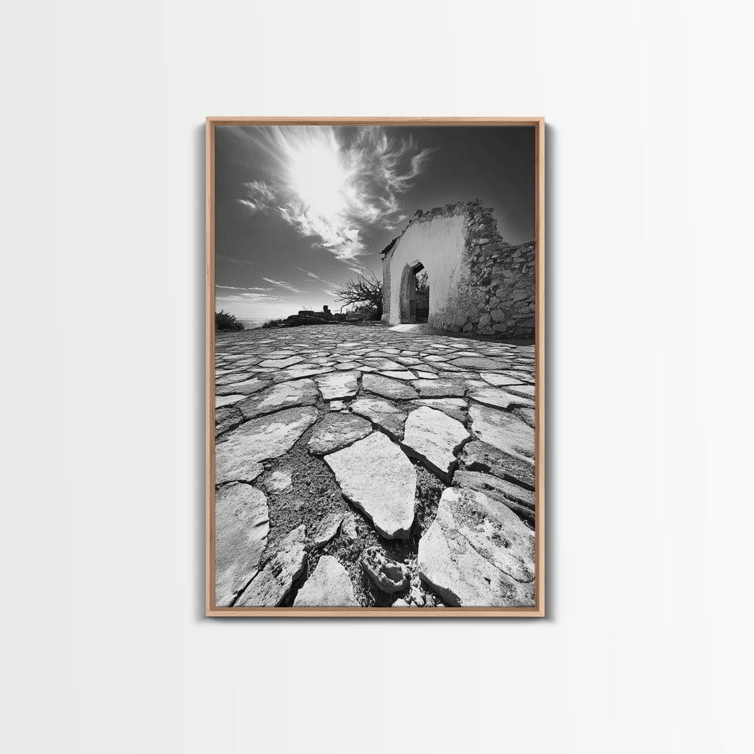 Desert Archway, Stone Ruins, Sunny Sky, Canvas Print, Rustic Travel Wall Art, Mediterranean Decor, Minimalist Earthy Aesthetic