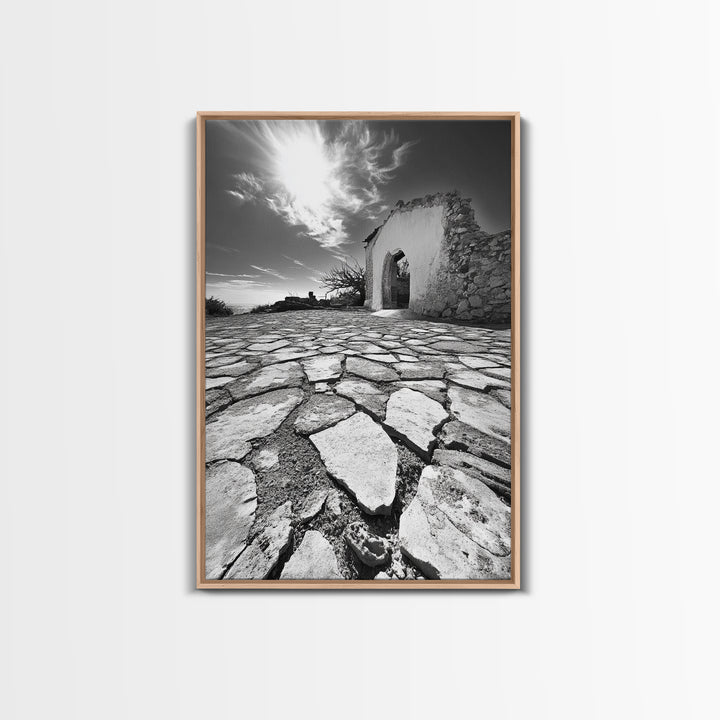 Desert Archway, Stone Ruins, Sunny Sky, Canvas Print, Rustic Travel Wall Art, Mediterranean Decor, Minimalist Earthy Aesthetic