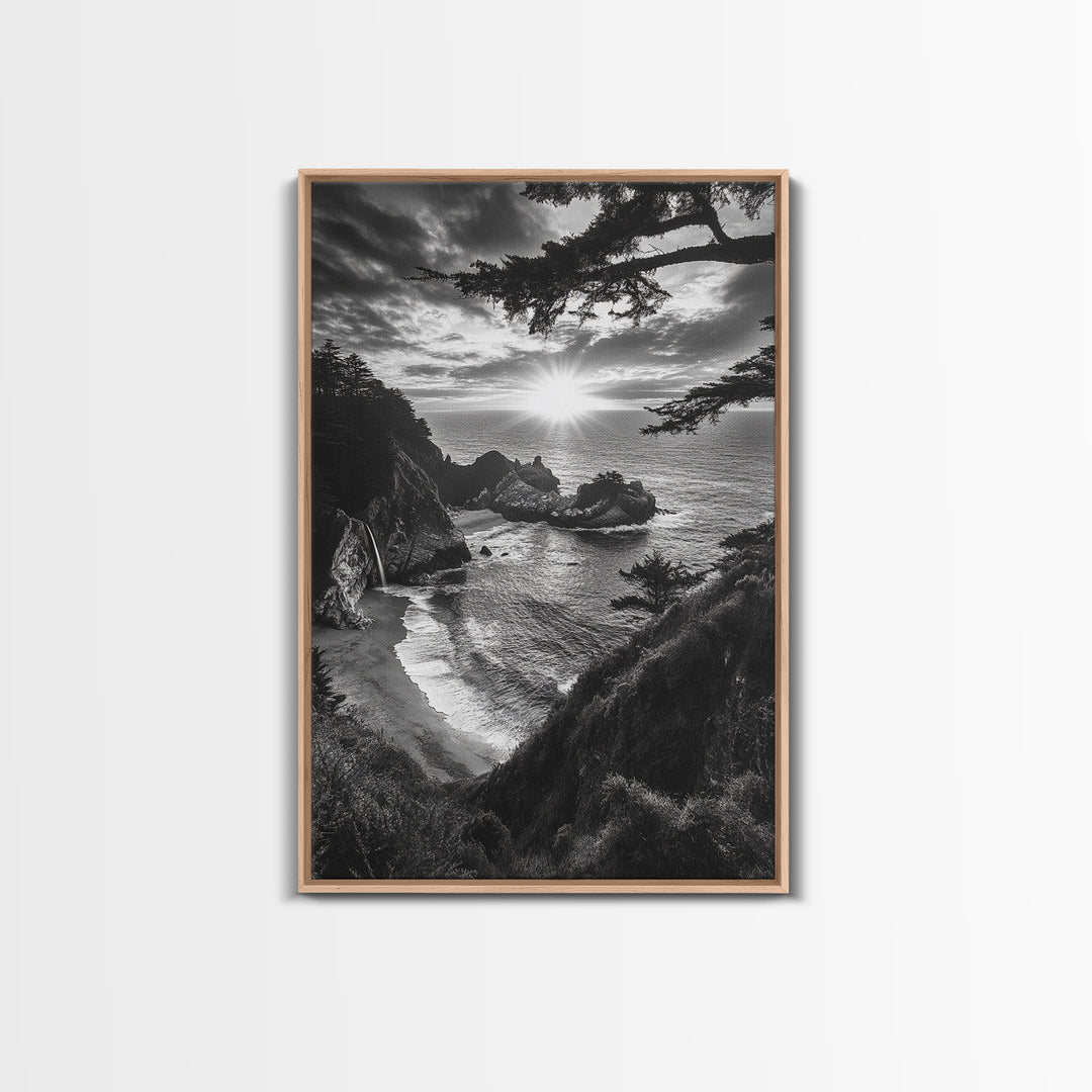 Cliffside Ocean View, Sunset Horizon, Trees Framing Sky, Canvas Print, Coastal Landscape Art, Cabin Living Room Decor, Moody Style