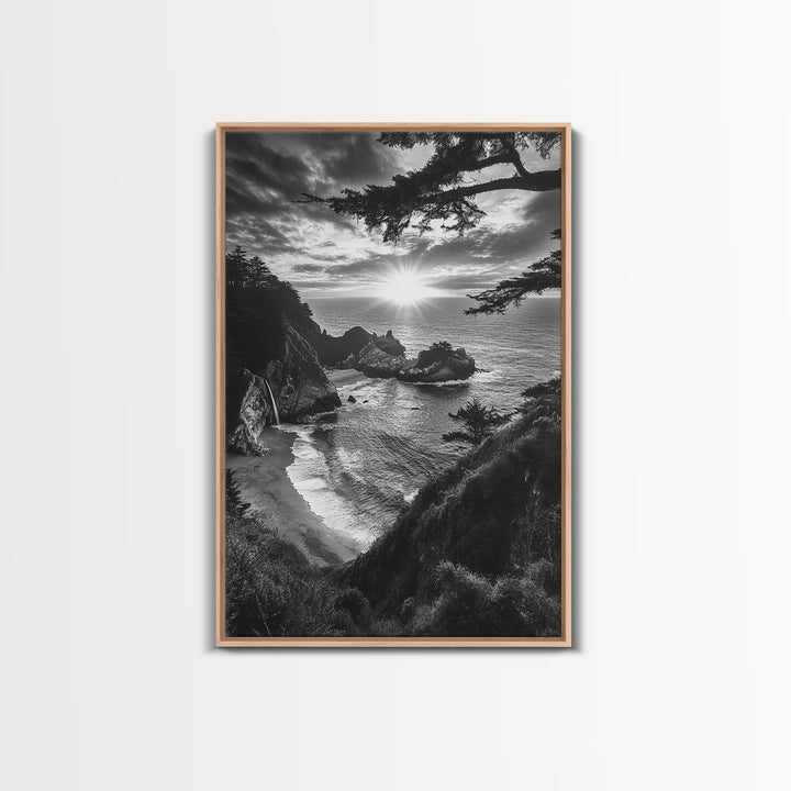 Cliffside Ocean View, Sunset Horizon, Trees Framing Sky, Canvas Print, Coastal Landscape Art, Cabin Living Room Decor, Moody Style