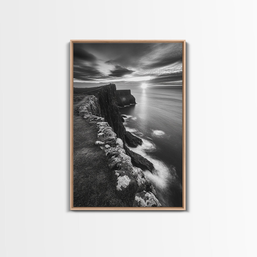 Rugged Sea Cliffs, Sunset Horizon, Serene Waters, Framed Canvas Print, Modern Nature Wall Art, Office Decor, Coastal Aesthetic