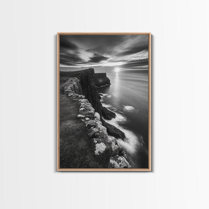 Rugged Sea Cliffs, Sunset Horizon, Serene Waters, Framed Canvas Print, Modern Nature Wall Art, Office Decor, Coastal Aesthetic